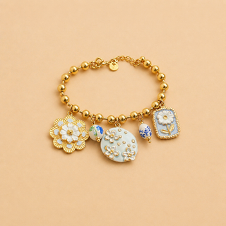 Bracelet Doré Charms Fleur & Porcelaine – Style Bohème Chic