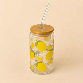 Verre Canette en Verre Motifs Variés 🍋🍓🥝 avec Couvercle Bambou & Paille