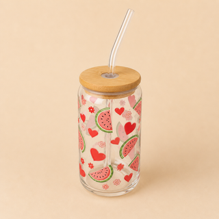 Verre Canette en Verre Motifs Variés 🍋🍓🥝 avec Couvercle Bambou & Paille