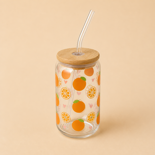 Verre Canette en Verre Motifs Variés 🍋🍓🥝 avec Couvercle Bambou & Paille