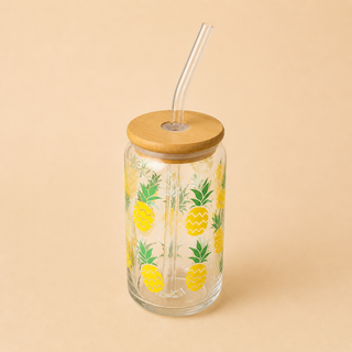 Verre Canette en Verre Motifs Variés 🍋🍓🥝 avec Couvercle Bambou & Paille