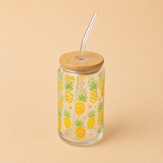 Verre Canette en Verre Motifs Variés 🍋🍓🥝 avec Couvercle Bambou & Paille