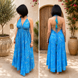 Robe longue bohème dos nu soie imprimé cachemire