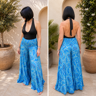 Pantalon Large Bohème Bleu Turquoise en Soie – Motif Cachemire & Taille Haute