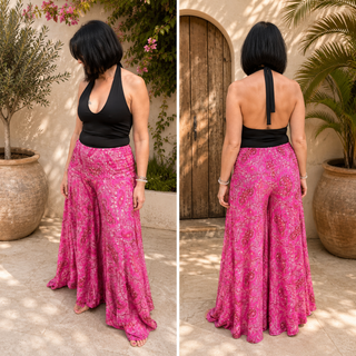 Pantalon Large Bohème Fuchsia – Motif Cachemire & Taille Haute