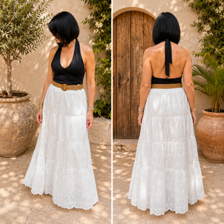 Jupe Longue Bohème Blanche en Coton Brodé – Taille Haute & Ceinture