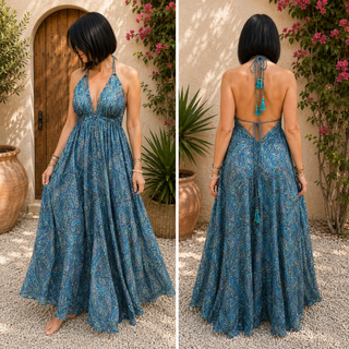 Robe Longue Bohème Bleu Canard en Soie – Motif Cachemire & Dos Noué