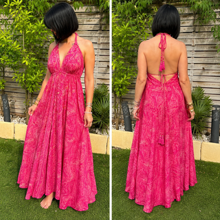 Robe Longue Bohème Fuchsia en Soie – Motif Cachemire & Dos Noué