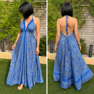 Robe Longue Bohème Bleu Intense en Soie – Motif Cachemire & Dos Noué
