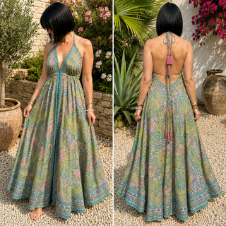 Robe Longue Bohème Vert, Rose & Bleu en Soie – Motif Cachemire Dos Noué