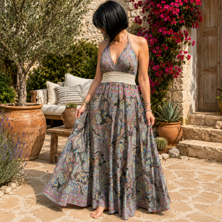 Robe Longue Bohème Gris & Multicolore en Soie – Motif Cachemire & Dentelle