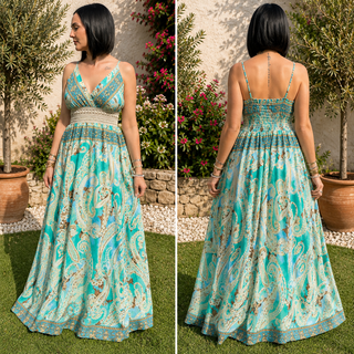 Robe Longue Bohème Vert Turquoise & Parme en Soie – Motif Cachemire & Dentelle