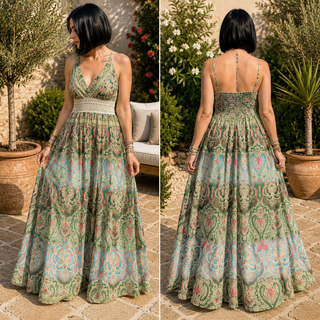 Robe Longue Bohème Vert & Multicolore en Soie – Motif Cachemire & Dentelle