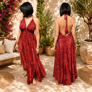 Robe longue bohème rouge en soie imprimé cachemire