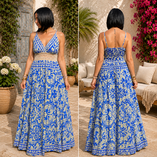 Robe Longue Bohème Bleu & Écru en Soie – Motif Baroque & Dentelle