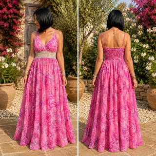 Robe Longue Bohème Rose & Fuchsia en Soie – Détails Dentelle