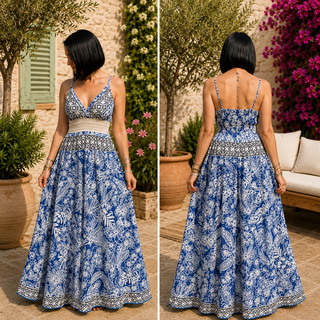 Robe Longue Bohème Bleu & Blanc en Soie – Motif Floral & Dentelle