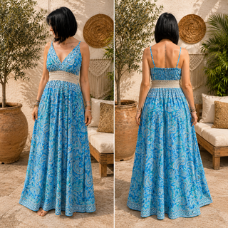 Robe Longue Bohème Bleu Turquoise en Soie – Détails Dentelle