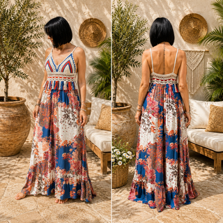 Robe Longue Bohème Crochet & Imprimé Floral Bleu – Détails Franges