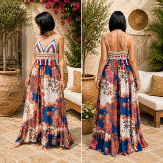 Robe Longue Bohème Crochet & Imprimé Vert – Détails Franges