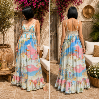 Robe Longue Bohème Crochet & Imprimé Tropical – Détails Franges