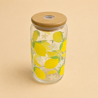 Verre Canette en Verre Motifs Variés 🍋🍓🥝 avec Couvercle Bambou & Paille