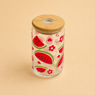 Verre Canette en Verre Motifs Variés 🍋🍓🥝 avec Couvercle Bambou & Paille