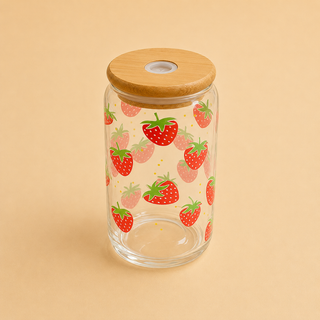 Verre Canette en Verre Motifs Variés 🍋🍓🥝 avec Couvercle Bambou & Paille