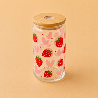 Verre Canette en Verre Motifs Variés 🍋🍓🥝 avec Couvercle Bambou & Paille