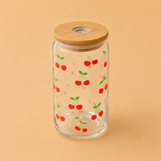 Verre Canette en Verre Motifs Variés 🍋🍓🥝 avec Couvercle Bambou & Paille