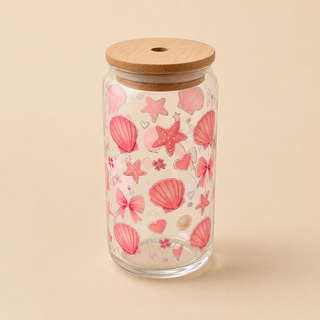 Collection Été – Verres en verre décorés avec couvercle en bambou