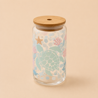 Collection Été – Verres en verre décorés avec couvercle en bambou