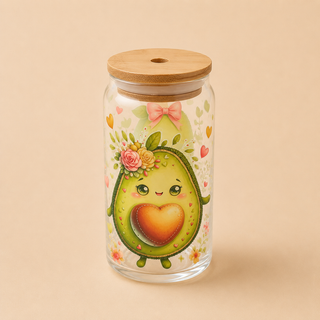 Collection Été – Verres en verre décorés avec couvercle en bambou