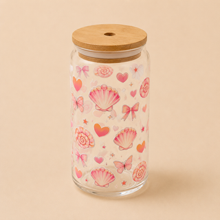 Collection Été – Verres en verre décorés avec couvercle en bambou