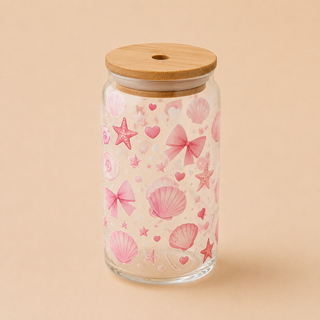 Collection Été – Verres en verre décorés avec couvercle en bambou