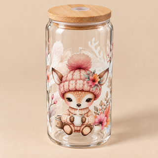 Verre personnalisé Bambi d’hiver – Couvercle bambou & paille