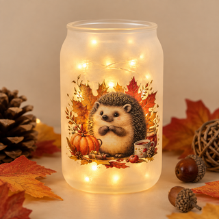 Photophore givré “Petit Hérisson d’Automne” – Reflets dorés ✨🍂