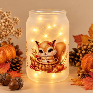 Photophore givré « Petit Écureuil d’Automne » – Reflets dorés 🍂✨