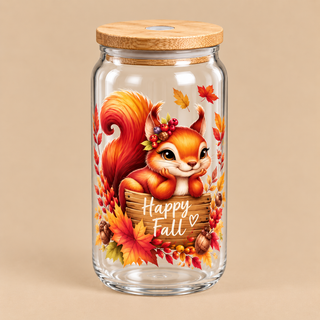 🐿️ Verre transparent « Happy Fall » – Écureuil d’Automne 🍂🤎