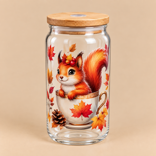 🐿️ Verre transparent « Petit Écureuil dans sa Tasse » – Collection Automne 🍁🤎