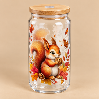 🐿️ Verre transparent « Petit Écureuil & sa Noix » – Collection Automne 🍂🤎
