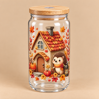 🦔 Verre transparent « La Petite Maison du Hérisson » – Collection Automne 🍂🏡