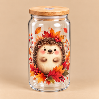 🦔 Verre transparent « Petit Hérisson d’Automne » – Collection Automne 🍂🤎