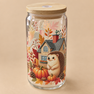🦔 Verre transparent « Petit Hérisson à la Maison » – Collection Automne 🍂🏡