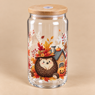 🦔 Verre transparent « Petit Hérisson & sa Maison d’Automne » 🍂🎃