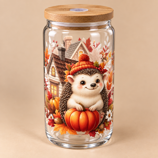 🦔 Verre transparent « Petit Hérisson & sa Citrouille » – Collection Automne 🍂🎃
