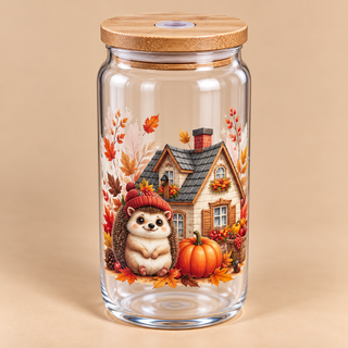 🦔 Verre transparent « Petit Hérisson & Maison de Campagne » – Collection Automne 🍂🏡