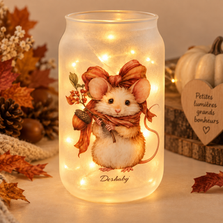 🐭 Photophore givré « Petite Souris d’Automne » – Douceur & Lumière 🍂✨