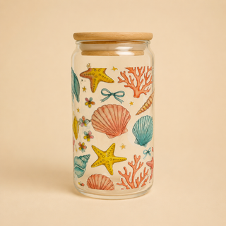 Collection Été – Verres en verre décorés avec couvercle en bambou